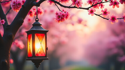 Lantern Hanging From a Branch in a Field of Pink Blossoms.