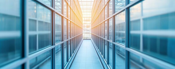Fototapeta premium Ethereal view of a bustling corporate setting through a glass facade, showcasing sustainable design and modern business practices