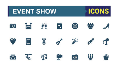 Event Show Filled icons set. Containing stage, spotlight, cinema, ticket, event and more. Solid icons collection for web and ui. Pixel perfect, Editable vector illustration.
