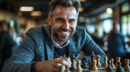 A man is smiling and holding a chess set
