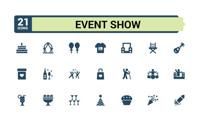 Event Show Filled icons set. Containing stage, spotlight, cinema, ticket, event and more. Solid icons collection for web and ui. Pixel perfect, Editable vector illustration.