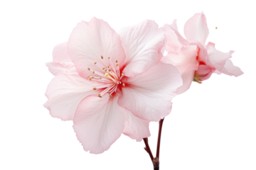 Close-up view of a single sakura flower with delicate pink petals, showing intricate details of the stamen and pistil, set against a pure white background