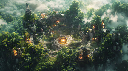 Digitally render a mesmerizing fantasy world intertwined with traditional customs in CG 3D art style Employ drone photography effects to create a visually stunning high-angle view that highlights the