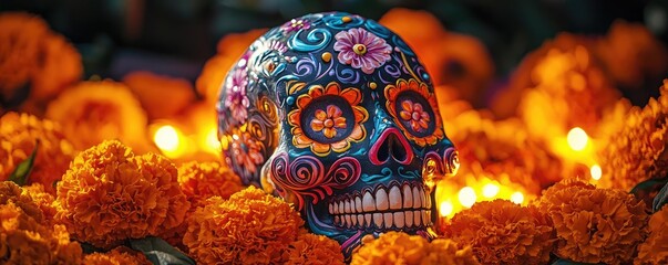 Colorful sugar skull surrounded by bright marigold flowers, celebrating the Day of the Dead with vibrant designs and rich traditions.