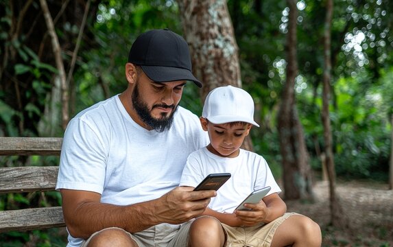 Father and son using smartphones to play an augmented reality game in the park, fun and active, stock photo style