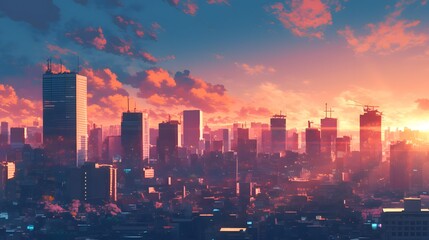 Fototapeta premium anime style A beautiful sunset casting warm light over a city skyline, with tall buildings reflecting the vibrant hues of orange and pink.