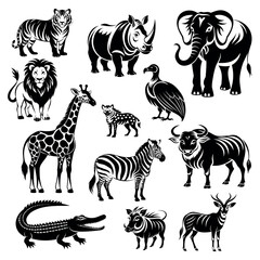 Obraz premium icon, logo, symbol, silhouette, set, set of African animals, in black color on a white background, outline drawing