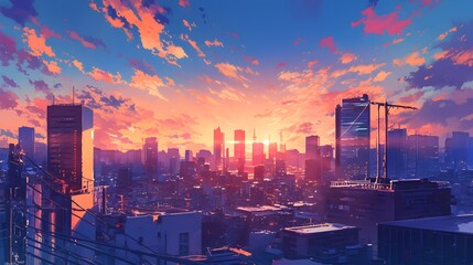 Fototapeta premium anime style A beautiful sunset casting warm light over a city skyline, with tall buildings reflecting the vibrant hues of orange and pink.