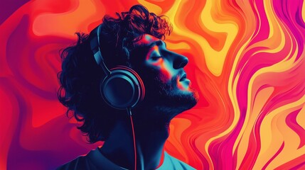 Fototapeta premium A person enjoying music with headphones amidst vibrant swirls of color in a modern artistic setting