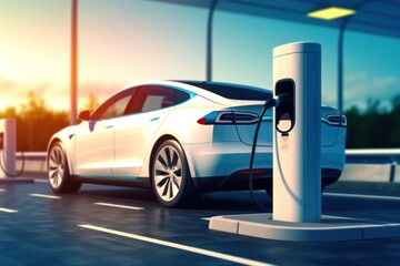 White car parked at electric charging station vehicle wheel transportation.