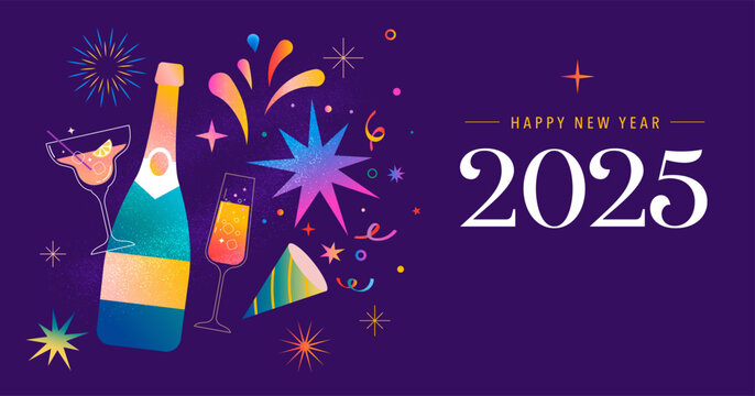 Happy New Year 2025, New Year background, banner, poster design. Modern vibrant illustration, concept design with Christmas decorations, confetti, champaign bottle and fireworks