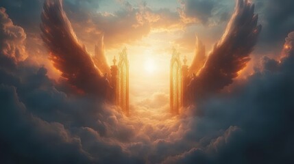 Fototapeta premium heavenly gates adorned with ethereal light angels welcoming souls with serene expressions surrounded by fluffy clouds creating a tranquil and divine atmosphere