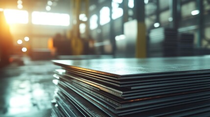 A stack of metal sheets in an industrial setting, illuminated by warm light.