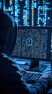 Hacker working on computer with code.