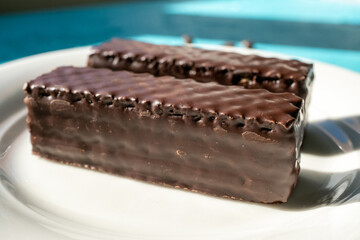 chocolate cake on a white plate