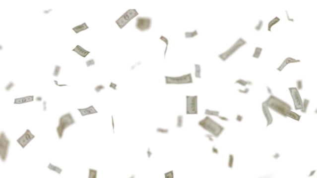 Many USA 100 dollars bill falling from the sky