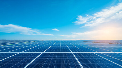 Solar panels stretch out under a clear blue sky.