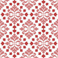 A seamless ikat floral pattern in shades of red and pink, featuring traditional geometric motifs. This vibrant design is perfect for fabric, home decor, and textile projects, adding a bold, cultural 