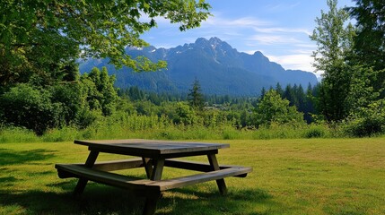 Fototapeta premium Mount Si Greenbelt: Stunning City Park View with Picnic Table in Beautiful Forest Landscape