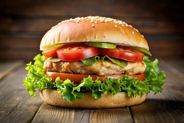 Grilled chicken burger with lettuce and tomato on wide-angle shot
