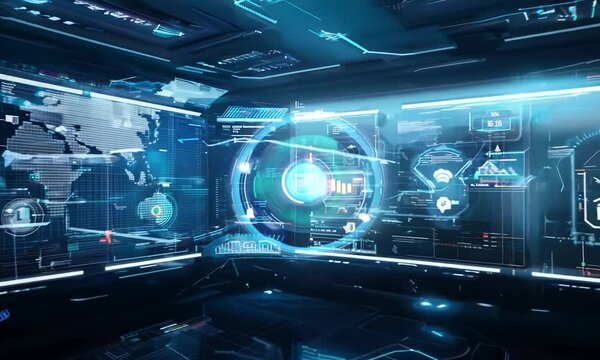 Futuristic control room with holographic displays and data interfaces.