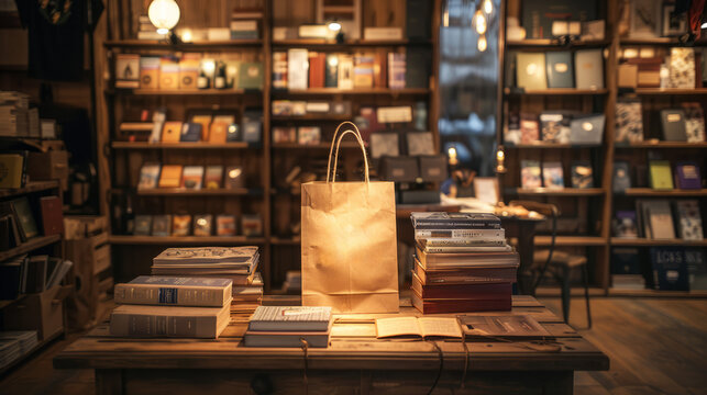 A charming book shop setup with stacked books, and warm lighting , In a centre is copyspace, also depicted is a craft paper bag, a beautiful mockup, 