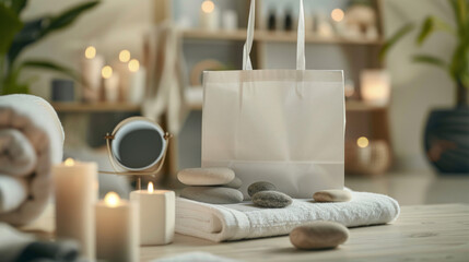 A serene spa environment featuring soft candles, natural stones, plush towels, and tranquil lighting. In a centre is copyspace, also depicted is a white paper bag, a beautiful mockup