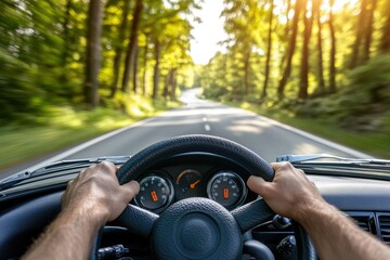 Close-up of drivers hands on a leather steering wheel, highway view ahead, sunlight on dashboard