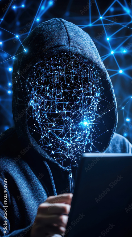 Poster mysterious figure with digital network face