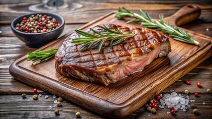 Grilled entrecote beef steak on cutting board with rosemary, pepper, and salt