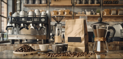 An inviting coffee shop scene,  In a centre is copyspace, also depicted is a white paper bag, a beautiful mockup