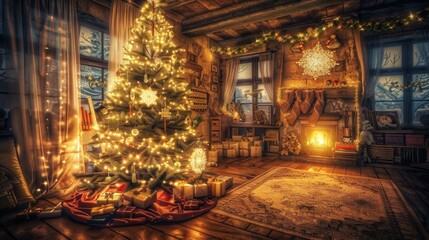 Obraz premium Cozy Christmas Living Room with Decorated Tree