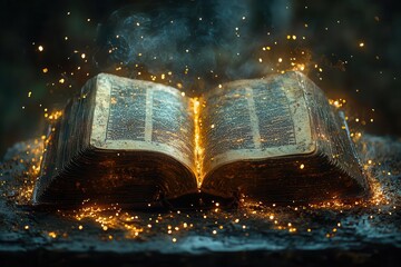 illuminated by sparks an ancient leatherbound bible rests open on a dark surface ethereal light reflecting off its pages evoking a sense of wonder and reverence