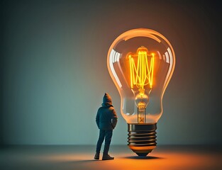 "Man Standing with Back Turned, Gazing at a Giant Lightbulb of Inspiration"