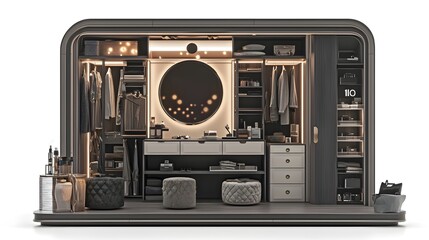 Beautifully designed modern dressing room featuring clean white cabinetry a central island and a minimalist uncluttered aesthetic against a pristine white background