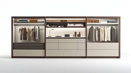 Fototapeta premium Elegant and modern dressing room with a central island surrounded by sleek white cabinetry and a clean minimalist design