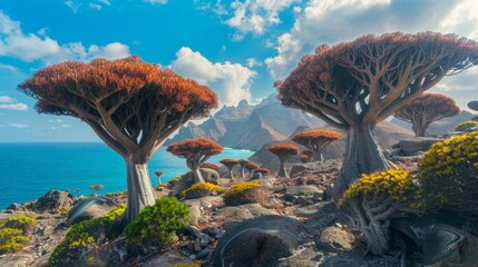 Otherworldly Landscape with Twisted Vibrant Trees and Dramatic Coastline