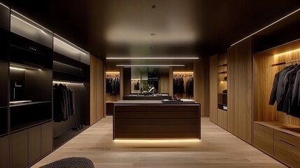 A clean and organized minimalist dressing room featuring a full length mirror and a compact storage system creating a simple and elegant space for fashion and self care