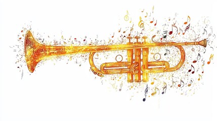 A striking golden trumpet glows with vibrant musical notes scattering, capturing the essence of a musical celebration and artistic expression.