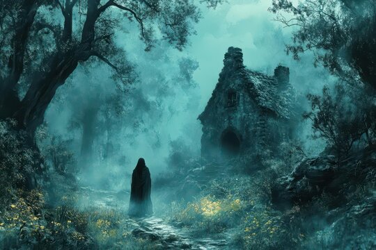 illustration inspired by russian and finnish folklore depicting baba yaga and the leshiy in an enchanted forest setting evoking the mystery of fairy tales