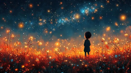 Fototapeta premium illustration of a boy gazing at a starry night sky with a glittering galaxy above him symbolizing hope love and peace the whimsical depiction creates a dreamy and serene atmosphere