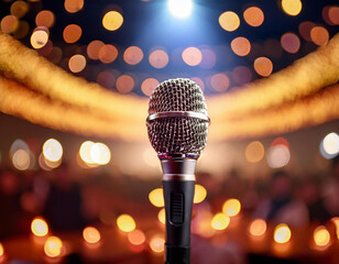 Microphone on stage in a concert hall or conference room with bokeh background