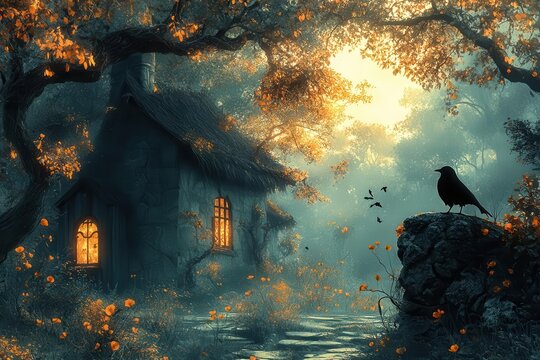 illustration inspired by russian and finnish folklore depicting baba yaga and the leshiy in an enchanted forest setting evoking the mystery of fairy tales