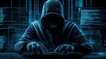 Dark-hooded hacker in a dimly lit room, surrounded by computer monitors displaying code