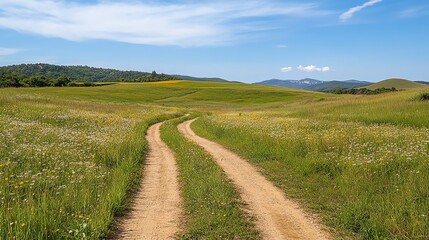 Scenic dirt road through vibrant green fields