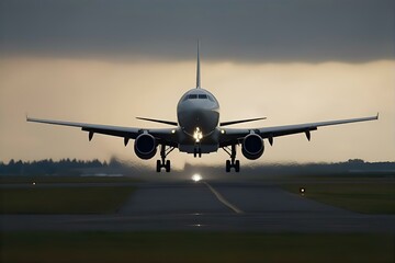 Obraz premium Front View of a Passenger Airplane on the Runway, airplane nose, jetliner, airport, flight takeoff, travel, flying, 
