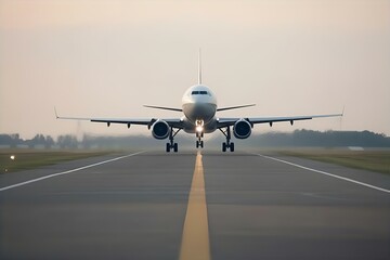 Front View of a Passenger Airplane on the Runway, airplane nose, jetliner, airport, flight takeoff, travel, flying, 