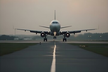 Front View of a Passenger Airplane on the Runway, airplane nose, jetliner, airport, flight takeoff, travel, flying, 