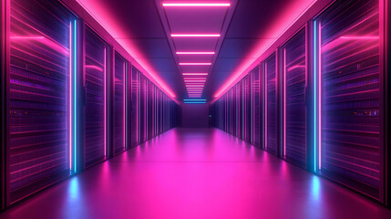 Fototapeta premium Neon Lights Server Room Corridor 3D Illustration