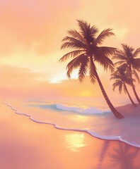 Fototapeta premium Serene Sunset Beach Scene with Palm Trees